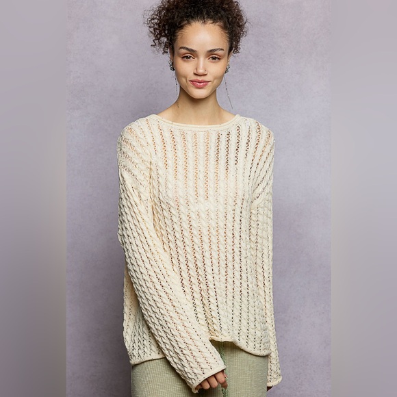 POL Openwork Round Neck Knit Top with Shiny Detail